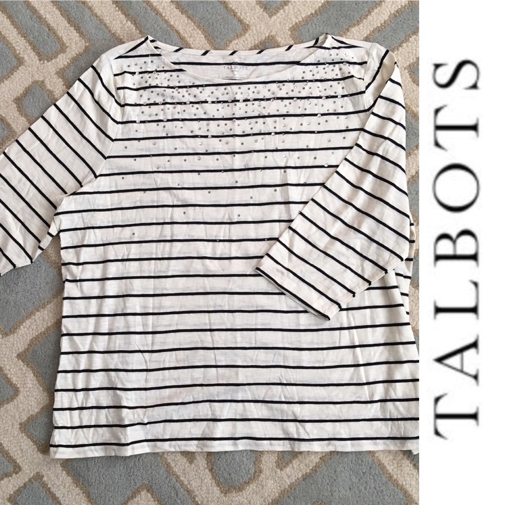 NWT TALBOTS sparkle black/cream striped 3/4 shirt